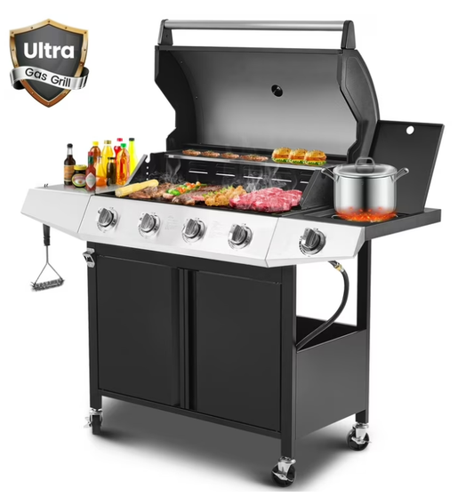 50000 BTU Gas Grills, SYNAGR Propane Grill with 566 sq.in Cooking Area, 5-Burner Stainless Steel BBQ Grill with Side Burner and Thermometer for Outdoor Party, Camping