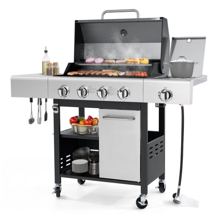 50000BTU Ultra Gas Grill, Syngar Propane Grills with 474 sq.in Cooking Area, 5-Burner Stainless Steel BBQ Grill with Side Burner and Thermometer for Outdoor Party, Camping