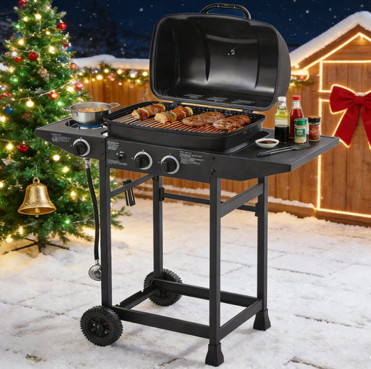 Portable Gas Grill, 24000BTU Grills with 2 Large Wheels, Propane Grill with Side Burner and Thermometer for Patio Activity
