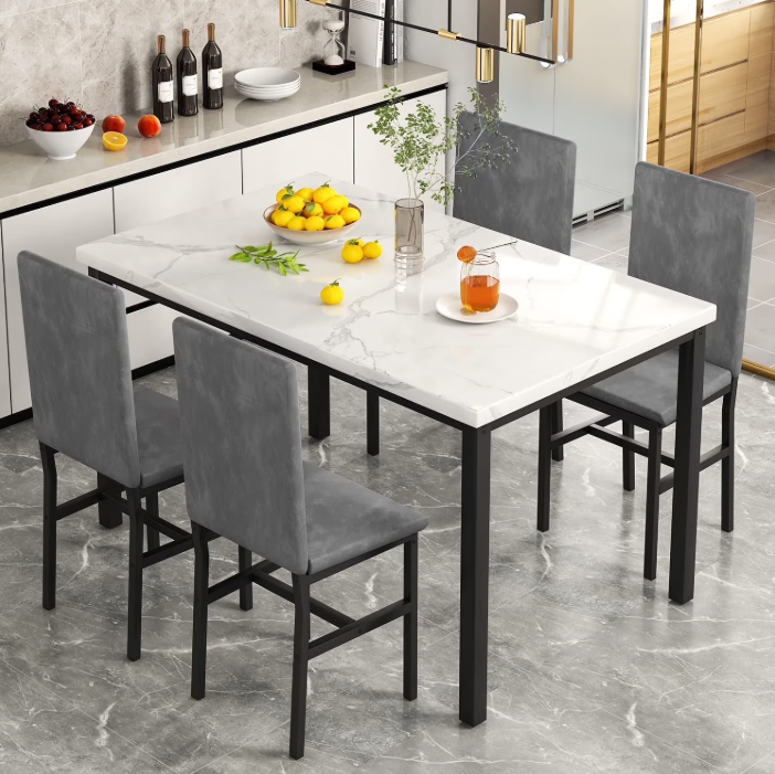 5 Piece Dining Set, Modern Dining Table and Chairs Set for 4, Counter Height Bar Table Set, Modern Pub Table with 4 Velvet Fabric Cushioned Stools, Faux Marble Dining Table & Stools Set, D9297