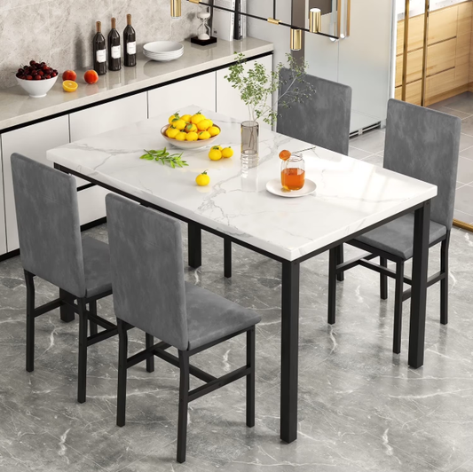 5 Piece Dining Set, Modern Dining Table and Chairs Set for 4, Counter Height Bar Table Set, Modern Pub Table with 4 Velvet Fabric Cushioned Stools, Faux Marble Dining Table & Stools Set, D9297