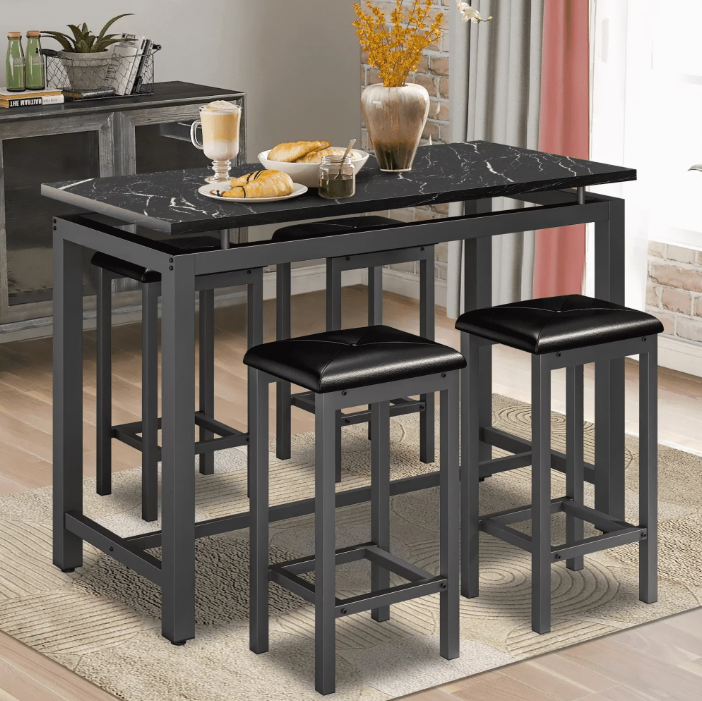5-Piece Counter Height Bar Table Set, Modern Dining Table Set, Long Pub Table and 4 Stools, 4-Person Dining Table and Stools Set, Kitchen Side Table Set for Breakfast, Brown, D6412