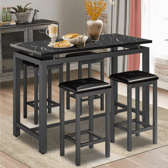 5-Piece Counter Height Bar Table Set, Modern Dining Table Set, Long Pub Table and 4 Stools, 4-Person Dining Table and Stools Set, Kitchen Side Table Set for Breakfast, Brown, D6412