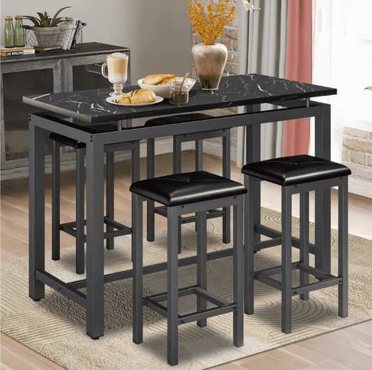 5-Piece Counter Height Bar Table Set, Modern Dining Table Set, Long Pub Table and 4 Stools, 4-Person Dining Table and Stools Set, Kitchen Side Table Set for Breakfast, Brown, D6412