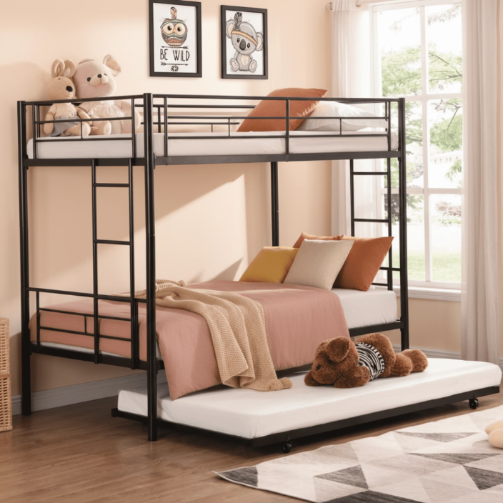 SYNGAR Twin over Twin Bunk Bed, Metal Bunk Bed with Flat Ladder & Safety Guardrail, Convertible Trundle Bunk Bed Frame, for Dorm, Bedroom, Guest Room, No Box Spring Needed, Black