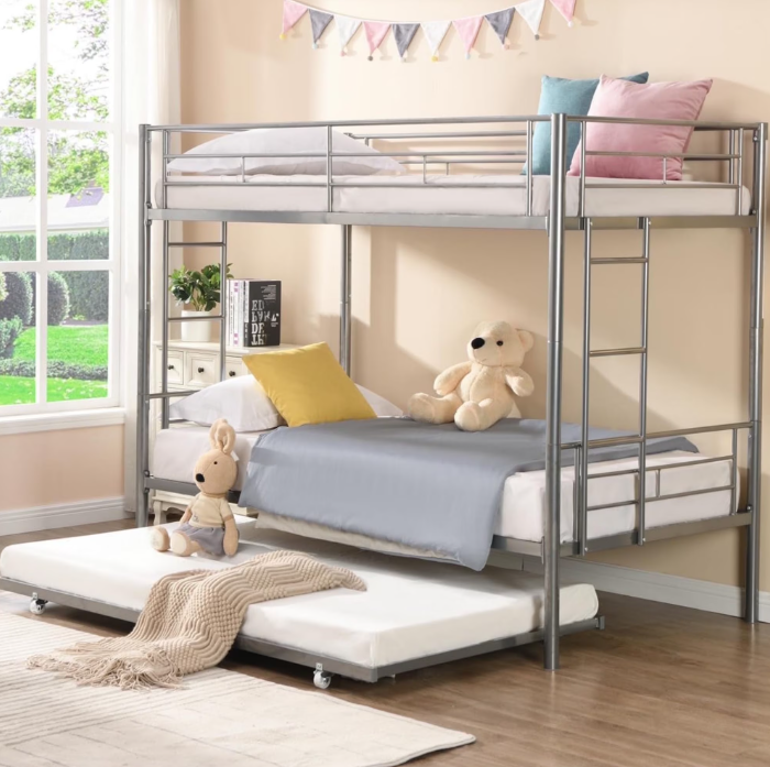 Heavy Duty Twin Over Twin Metal Bunk Bed with Flat Ladder & Safety Guardrail, Convertible Trundle Bed Frame for Dorm, Bedroom, Guest Room, No Box Spring Needed, Silver, D6554