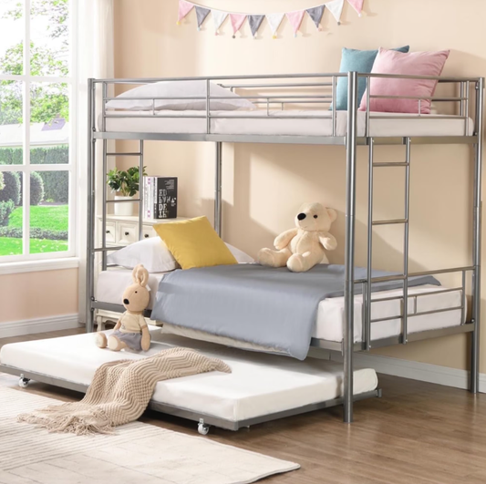 Heavy Duty Twin Over Twin Metal Bunk Bed with Flat Ladder & Safety Guardrail, Convertible Trundle Bed Frame for Dorm, Bedroom, Guest Room, No Box Spring Needed, Silver, D6554