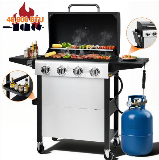 40000BTU Gas Grill with 4 Universal Wheels & Bottle Opener, 4-Burner Outdoor Grills with Side Table for Camping, Sliver