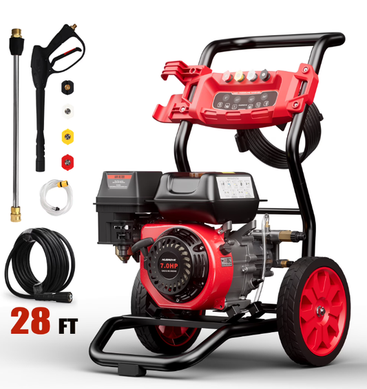 Syngar 3950PSI Pressure Washer with 4 Nozzle, Portable Gas Pressure Washer for Patios, Cars, Fences, Driveways, 2.6 GPM High-Power Washer with 28' High-Pressure Hose, Red & Black