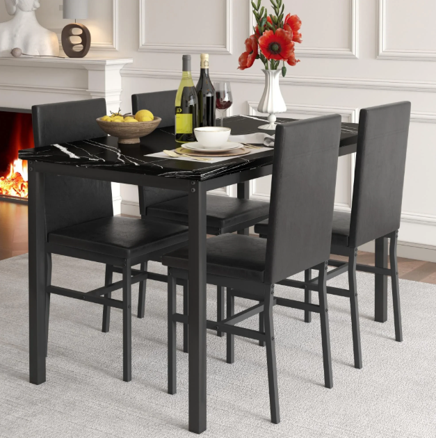 5 Piece Dining Set, Modern Dining Table and Chairs Set for 4, Kitchen Dining Table Set with Faux Marble Tabletop and 4 Upholstered Chairs, for Small Space, Breakfast Nook, D8531