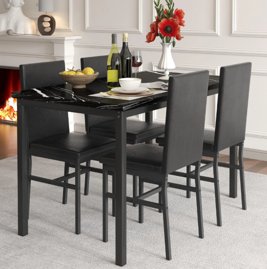 5 Piece Dining Set, Modern Dining Table and Chairs Set for 4, Kitchen Dining Table Set with Faux Marble Tabletop and 4 Upholstered Chairs, for Small Space, Breakfast Nook, D8531