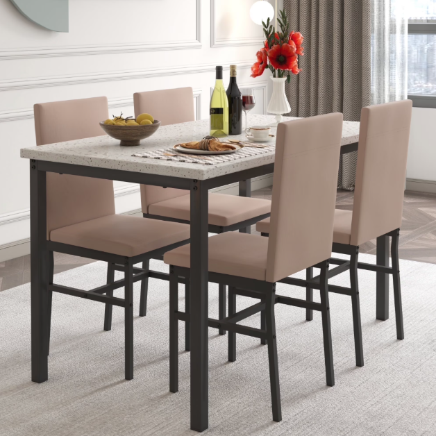 5 Piece Dining Set, Modern Dining Table and Chairs Set for 4, Kitchen Counter Height Dining Table Set with 4 Upholstered Chairs, for Small Space, Breakfast Nook, D9265