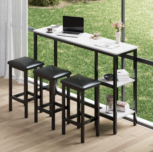 Counter Height Bar Table Set, 3-Person Dining Table and Stools Set, Modern 4 Pieces Dining Table Set, Long Pub Table and 3 Stools, Kitchen Side Table Set for Breakfast, White