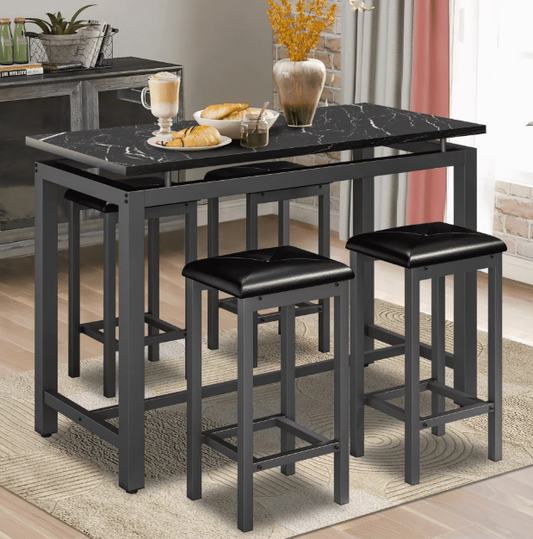 5-Piece Counter Height Bar Table Set, Modern Dining Table Set, Long Pub Table and 4 Stools, 4-Person Dining Table and Stools Set, Kitchen Side Table Set for Breakfast, Brown, D6412