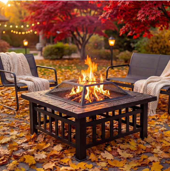 32" Fire Pits for Outside, SYNGAR Wood Burning Bonfire Fire Pit Table with Mesh Lid, Grate and Poker, Outdoor Metal Square Fire Pit for BBQ, Camping, Picnics, Backyard