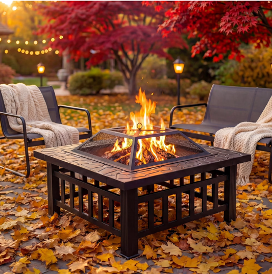 32" Fire Pits for Outside, SYNGAR Wood Burning Bonfire Fire Pit Table with Mesh Lid, Grate and Poker, Outdoor Metal Square Fire Pit for BBQ, Camping, Picnics, Backyard