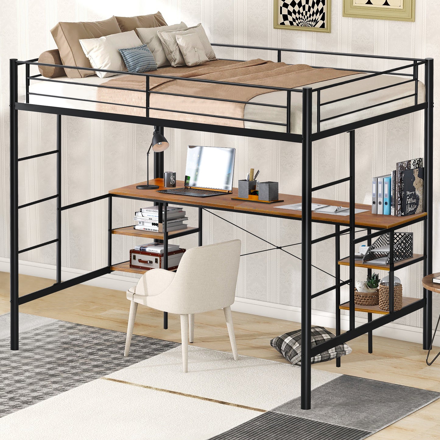 SYNGAR Twin Loft Bed with Desk, Metal Loft Bed with 4 Storage Shelves, Space-Saving Bed Frame with Bilateral Ladders and Safety Guard Rails for Boys Girls Kids Teens Adults, Black