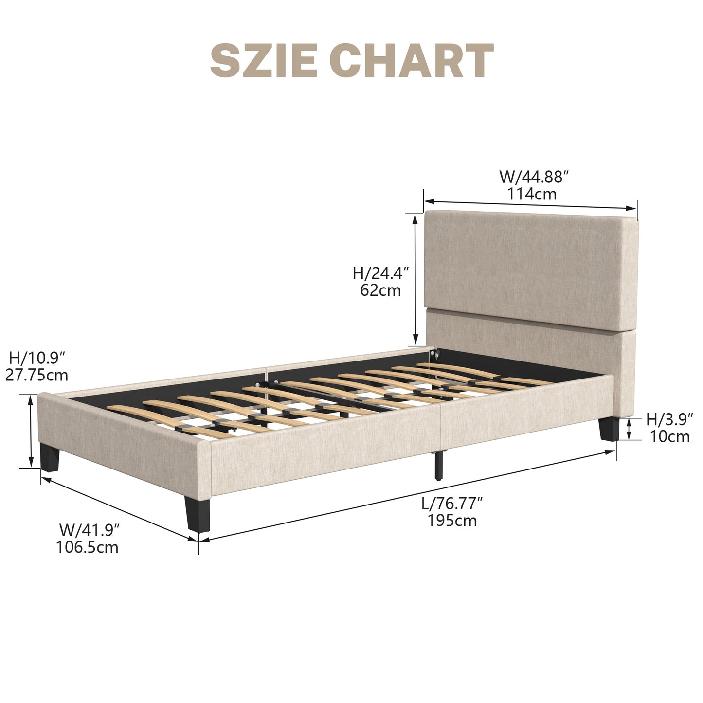 SYNGAR Beige Fabric Upholstered Platform Bed Frame Twin Size with Elegant Headboard, Metal Frame Bedroom Furniture with Strong Wooden Slat Support, No Box Spring Needed, Easy Assembly