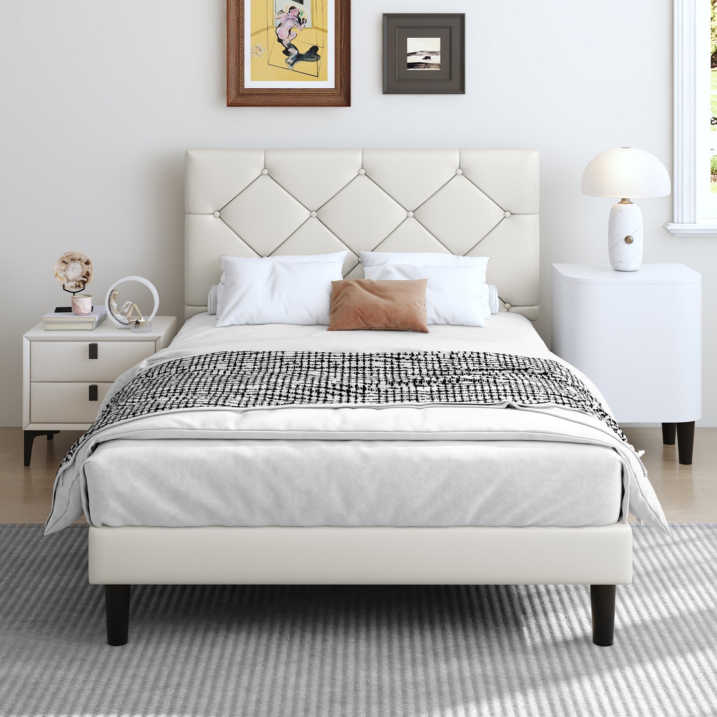 SYNGAR Queen Bed Frame with Upholstered Faux Leather Adjustable Headboard, Platform Bed Frame with Wood Slats Support, Noise-Free, Easy Assembly, No Box Spring Needed, Modern White Bed Frame
