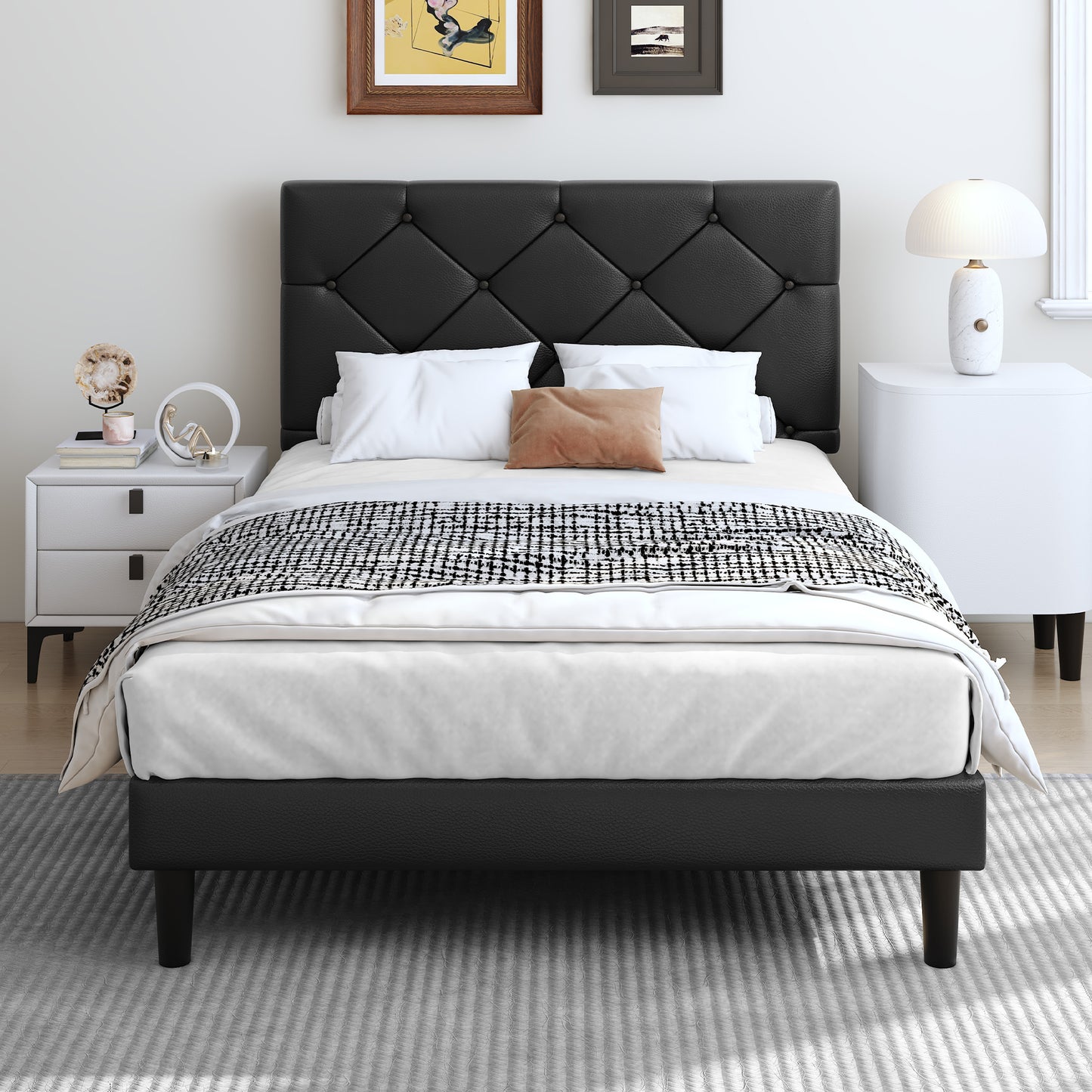 SYNGAR Queen Bed Frame with Upholstered Faux Leather Adjustable Headboard, Platform Bed Frame with Wood Slats Support, Noise-Free, Easy Assembly, No Box Spring Needed, Modern White Bed Frame