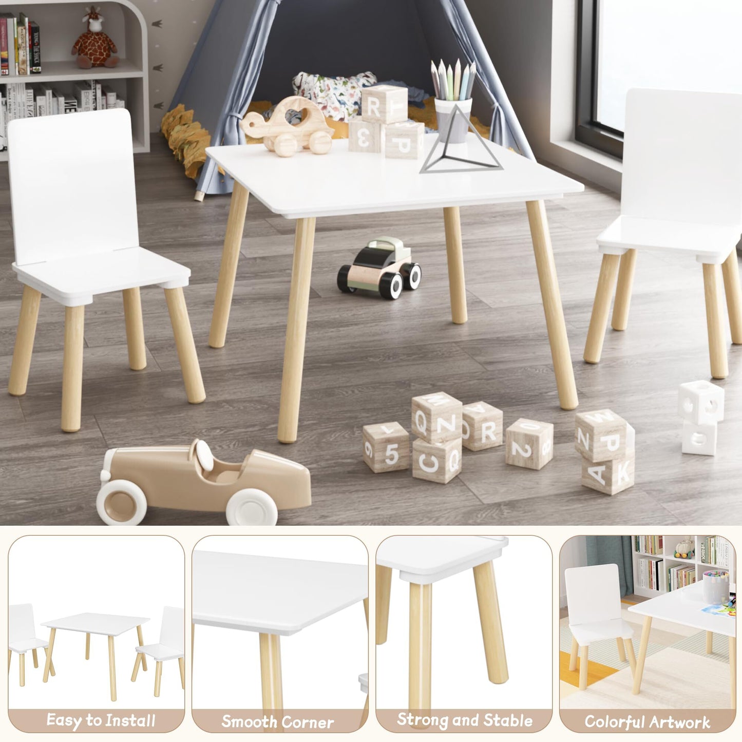 Syngar Kids Table and Chairs Set 3 Piece,Wooden Activity Table and Chairs Set for Toddlers Eating, Arts, Crafts, Drawing, Reading, PlayRoom, Gift for Gils Boys 1-7