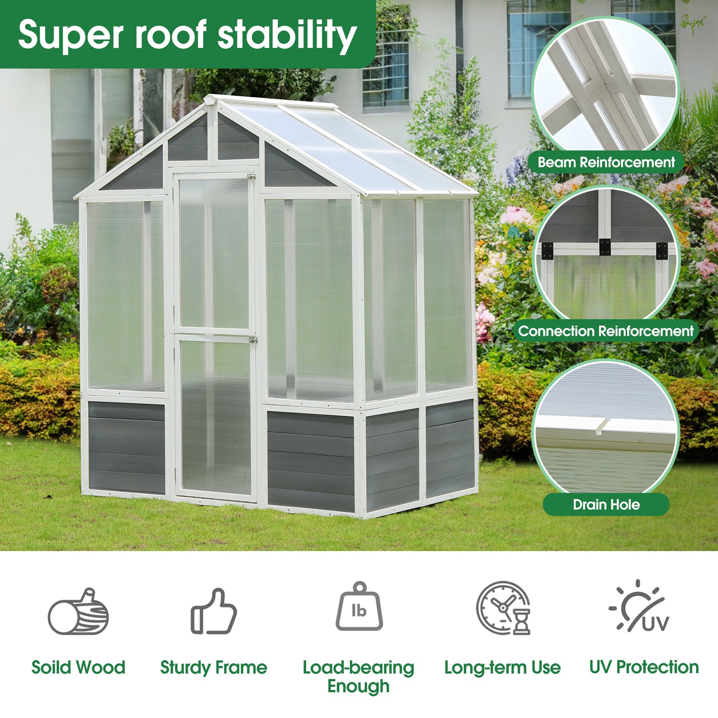 Syngar 6' x 4' Walk-in Greenhouse for Outdoor, Garden Polycarbonate Greenhouse with Sturdy Cold Wooden Frame, Drain Hole and Front Entry Doors, Backyard Greenhouse for Plants in Winter, D6343
