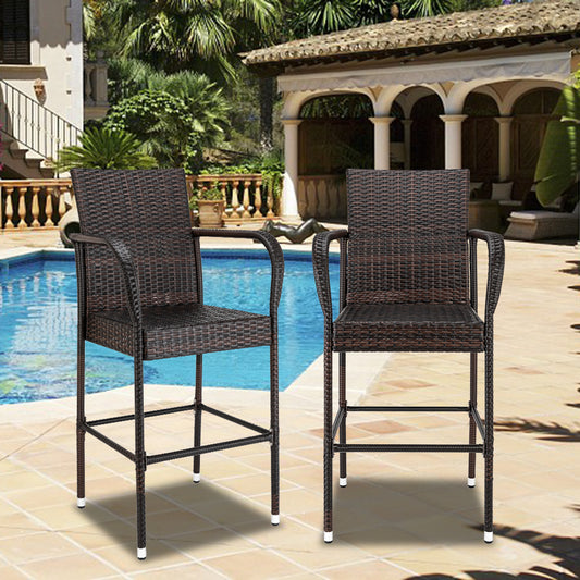 2 Pack Patio Bar Chairs, Outdoor PE Rattan Bar Stools Patio Furniture with Metal Frame, Bar Height Furniture Chair Set for Bar, Kitchen Counter, Garden, Backyard