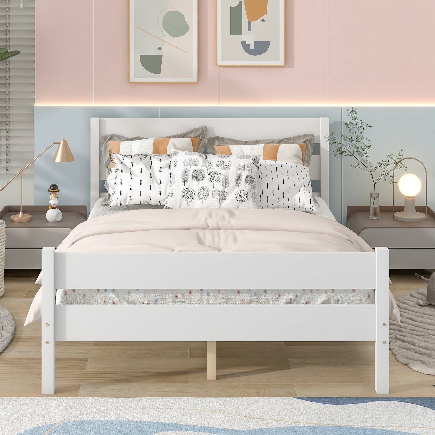 Wood Kids Full Platform Bed Frame with Headboard and Footboard for Boys Girls Teens Adults, White, LJ798