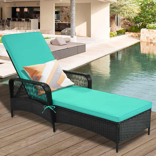 Outdoor PE Rattan Wicker Chaise Lounge, Patio Rattan Reclining Chair Furniture, Beach Pool Adjustable Backrest Recliners with Green Cushions