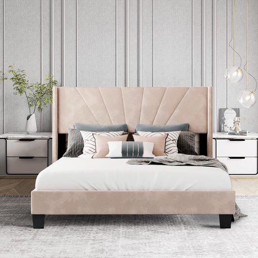 Syngar Velvet Upholstered Platform Bed Frame with Headboard, Queen Size Bed for Kids Teens Adults, Box Spring Needed, 500 LBS Load Capacity, Beige