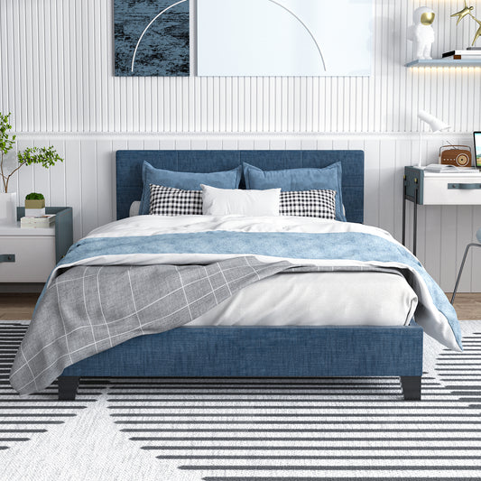 SYNGAR Full Size Platform Bed Frame with Linen Fabric Upholstered Button Tufted Headboard, Sturdy Sturdy Frame and Strong Wooden Slats, No Box Spring Needed, Gray