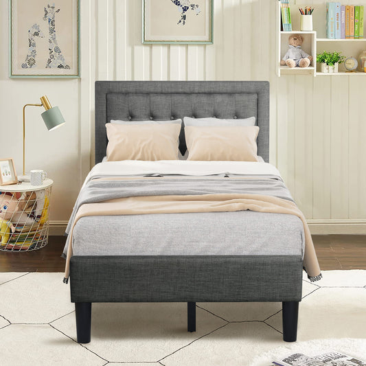 SYNGAR Gray Fabric Upholstered Platform Bed Frame Twin Size with Button Tufted Headboard, Wood Frame Mattress Foundation with Strong Wooden Slat Support, No Box Spring Needed, Easy Assembly