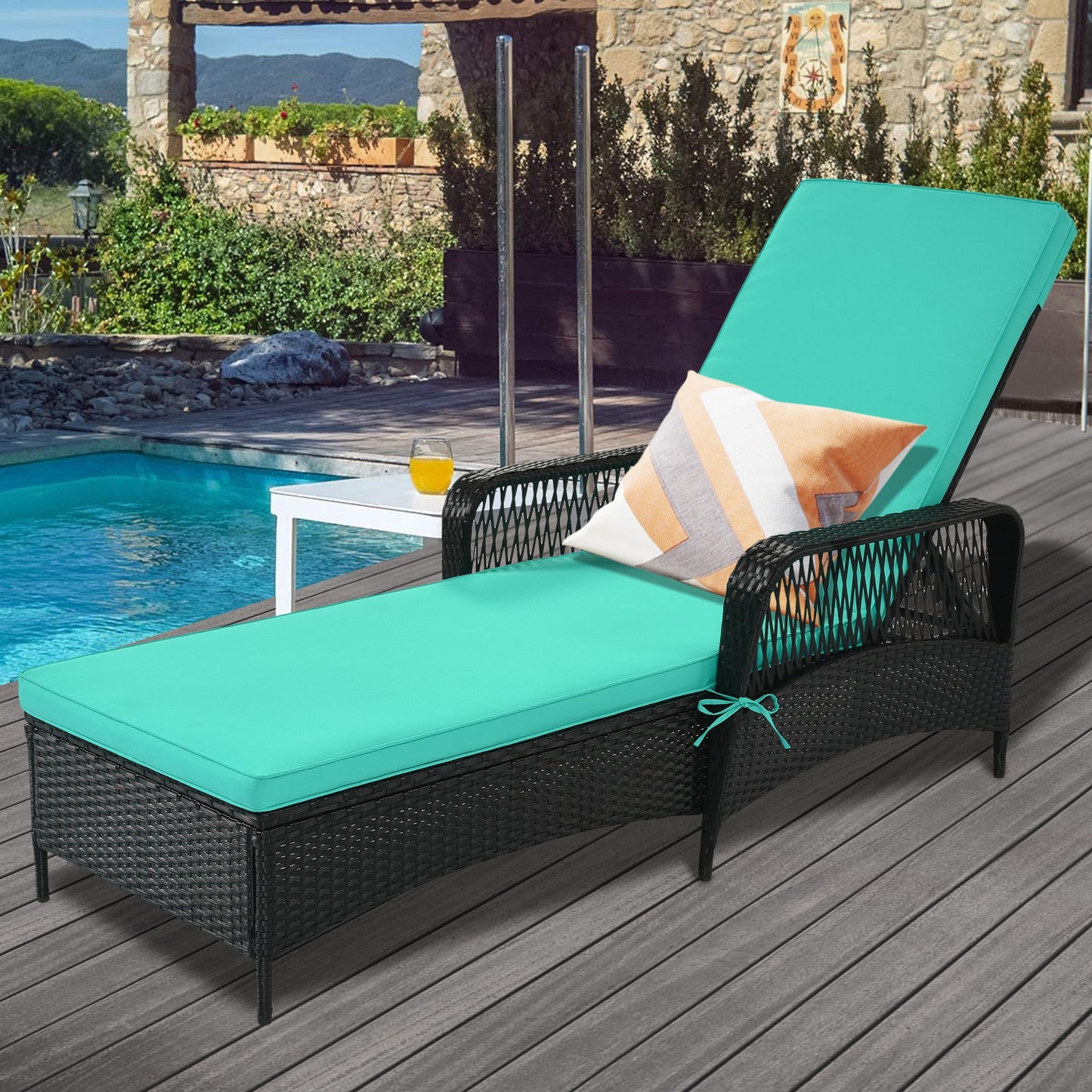 Outdoor PE Rattan Wicker Chaise Lounge, Patio Rattan Reclining Chair Furniture, Beach Pool Adjustable Backrest Recliners with Green Cushions