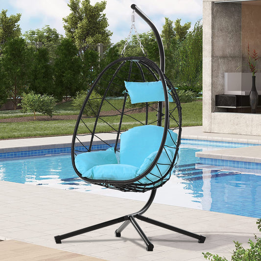 SYNGAR Hanging Egg Chair, Swing Chair with Steel Hammock Stand Set, Hammock Chair with Soft Seat Cushion, Multifunctional Hanging Chairs for Outdoor Indoor Bedroom, Light Blue
