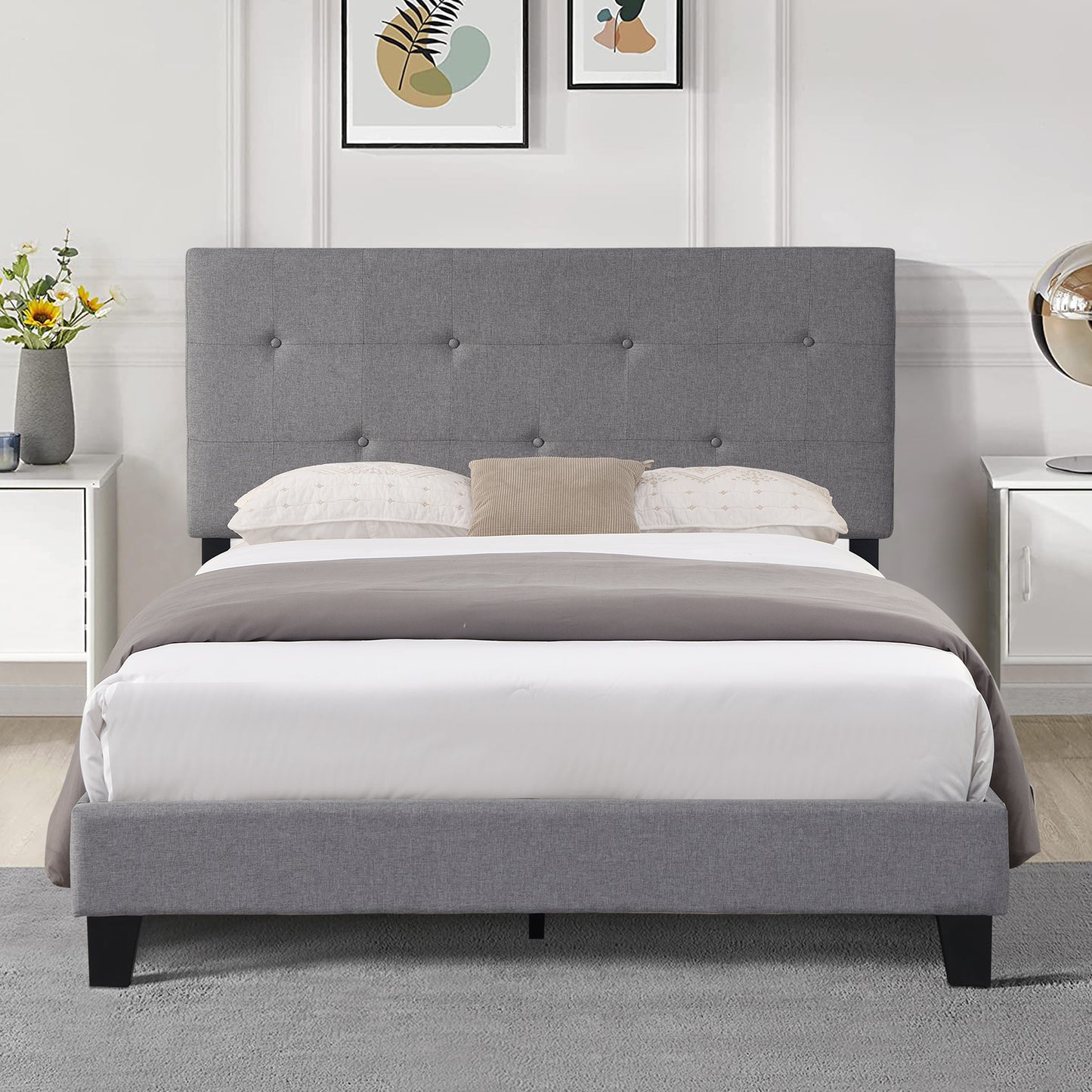 SYNGAR Gray Velvet Upholstered Platform Bed Frame Full Size with Elegant Headboard, Wood Frame Bedroom Furniture with Strong Slat Support, No Box Spring Needed, Noise Free, Easy Assembly