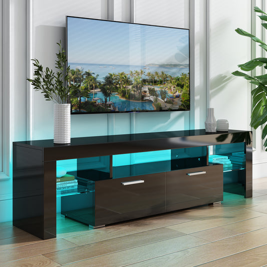 Modern TV Stand for TV up to 70 inches, TV Console Table Stand with 16-Color LED Lights, Home Living Room Entertainment Center, Black, 63" L x 14" W x 18" H