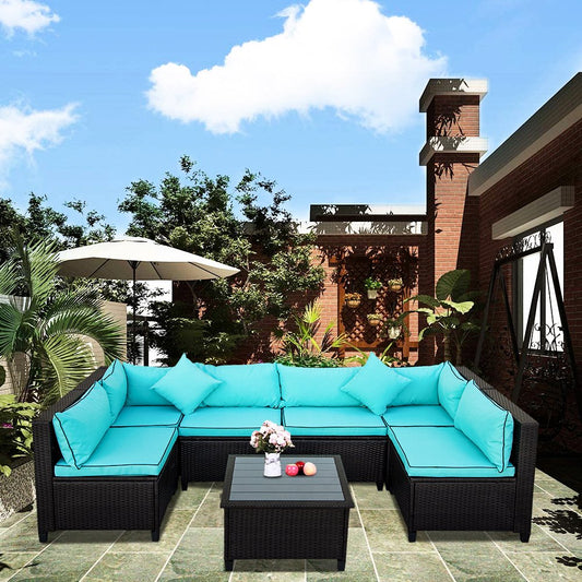 Patio Sofa Set, 7 Piece Outdoor Furniture Set, PE Rattan Wicker Sectional Sofa Furniture, Manual Weaving Wicker Couch with Removable Cushions & Tea Table, Ideal for Patio Deck Backyard, K3249