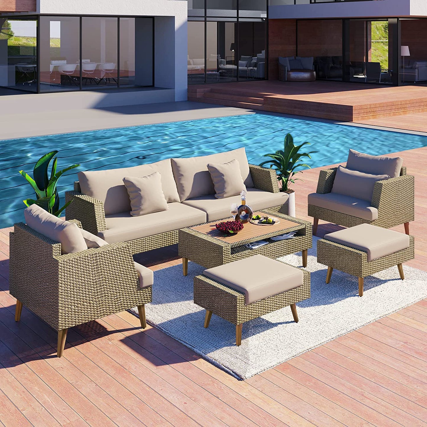 Syngar 6 Piece Patio Furniture Set, Outdoor Sectional Sofa Set with Ottomans, Coffee Table and Brown Cushions, All Weather Brown PE Wicker Conversation Chairs Set for Yard Balcony Poolside Deck