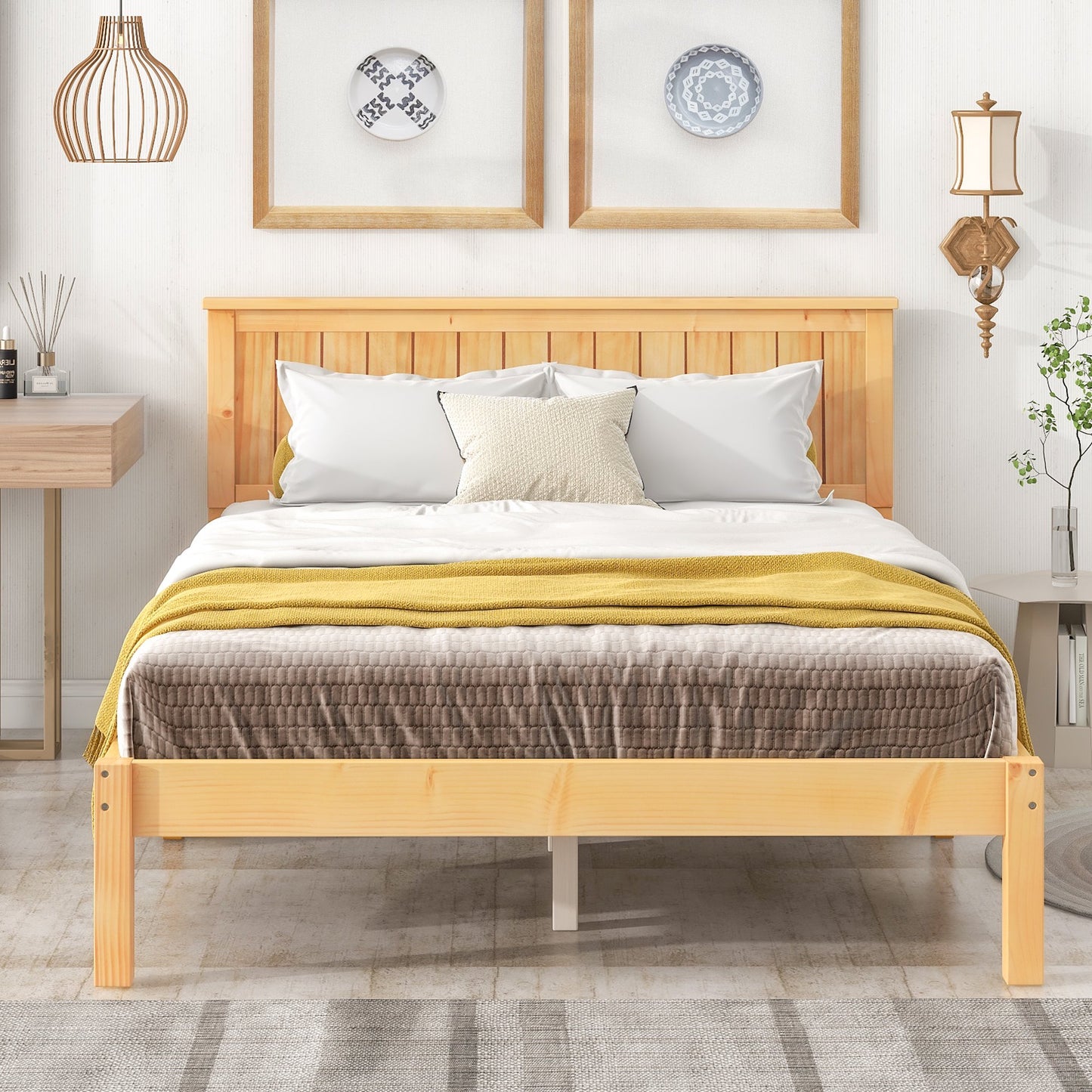 CASEMIOL Full Size Wood Bed Frame with Headboard,No Box Spring Needed Platform Bed,Heavy Duty Wood Slat Support,Under-Bed Storage,Country Style,Natural