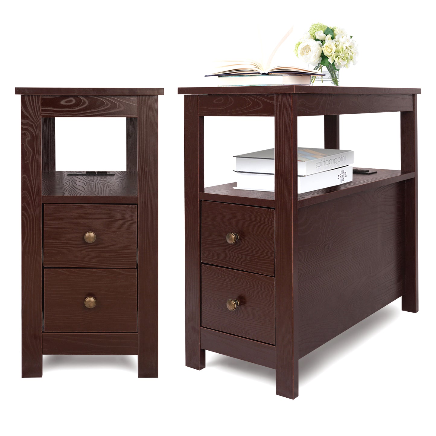 SYNGAR Side Table for Living Room, Nightstand Set of 2, Modern Side Cabinet W/ 2 Drawers, Open Shelf, Power Outlets & USB Ports, Wood End Table with Storage, Bedside Table for Bedroom, Espresso, D4684