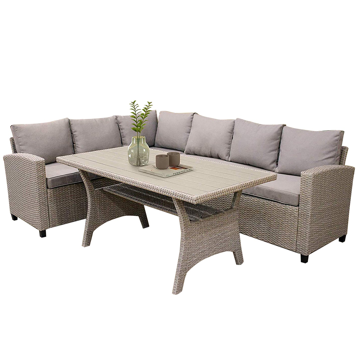 3 Piece Patio Conversation Sets, All-Weather Wicker Outdoor Furniture Sectional Sofa Couch Dining Set with Table, Seat Cushions, Pillows for Garden, Lawn, Backyard, Front Porch, Brown