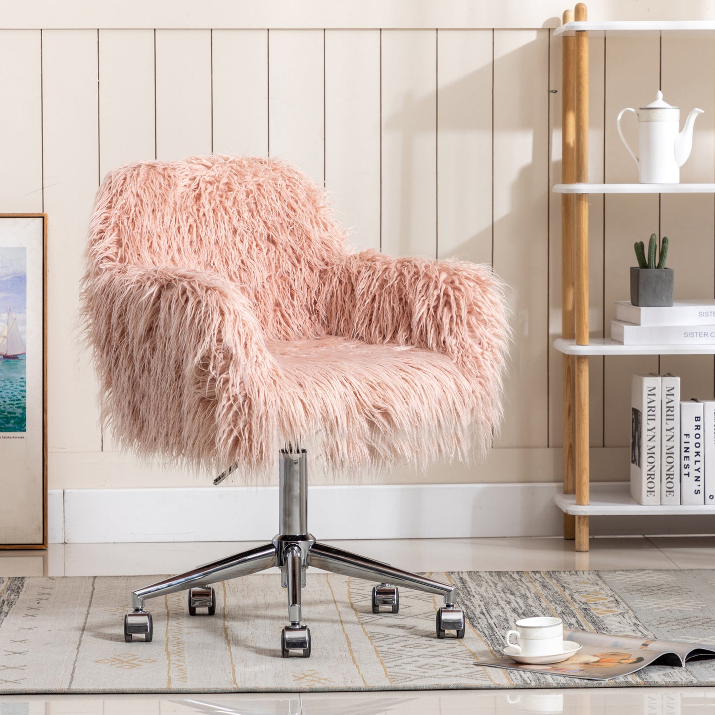 SYNGAR Cute Pink Fluffy Desk Chair for Teen Girl Kids, Home Office Computer Desk Chairs with Wheels, Comfy Faux Fur Swivel Rolling Task Chair Vanity Chair for Makeup Room, Bedroom, Living Room