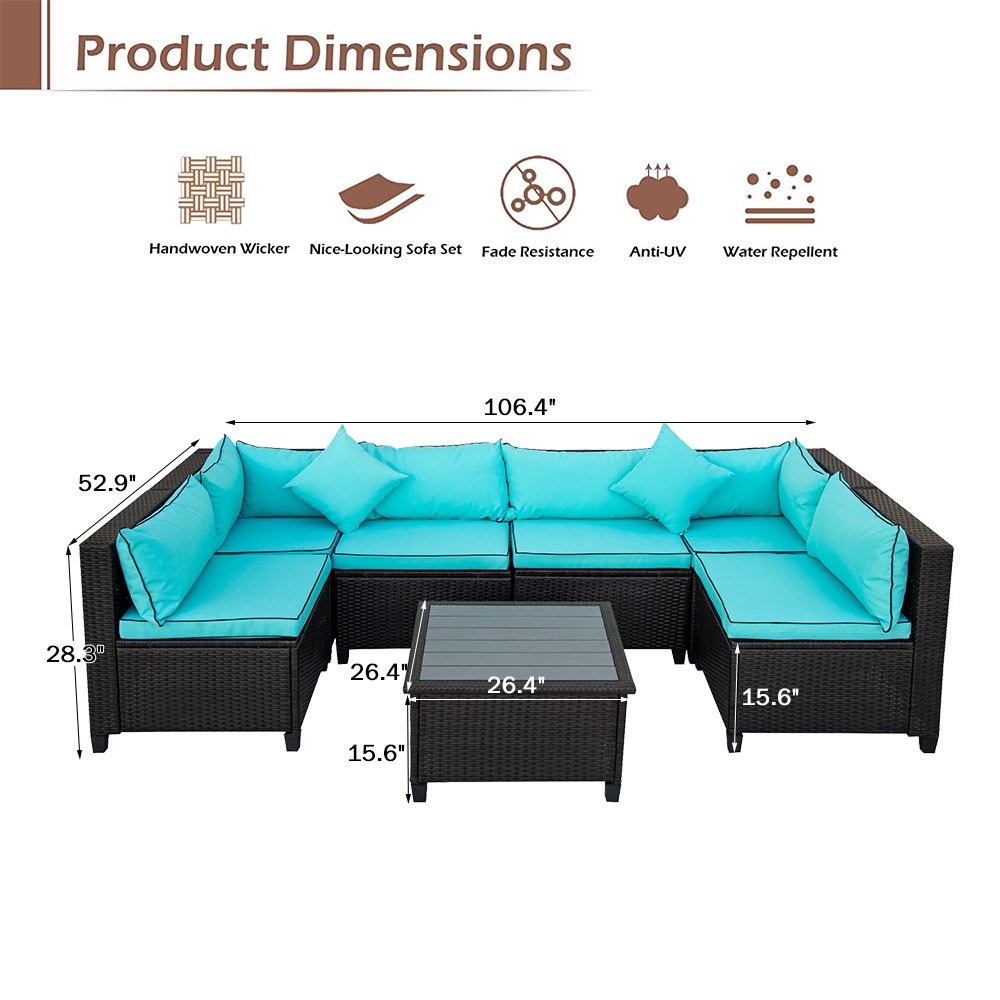 Patio Sofa Set, 7 Piece Outdoor Furniture Set, PE Rattan Wicker Sectional Sofa Furniture, Manual Weaving Wicker Couch with Removable Cushions & Tea Table, Ideal for Patio Deck Backyard, K3249