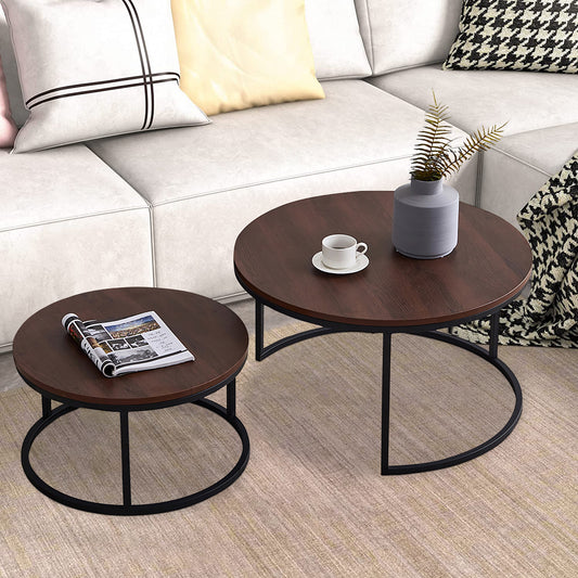 SYNGAR Round Modern Nesting Coffee Set of 2, Stacking Living Room Accent Tables with Industrial Wood Finish and Powder Coated Metal Frame, Walnut and Black