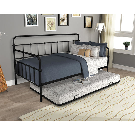 Twin Daybed with Trundle, Metal Frame, Dual-Use Sturdy Sofa Bed for Bedroom Guest Room Living Room, No Box Spring Needed, Ideal for Kids, Teens, Adults and Guest, B2158