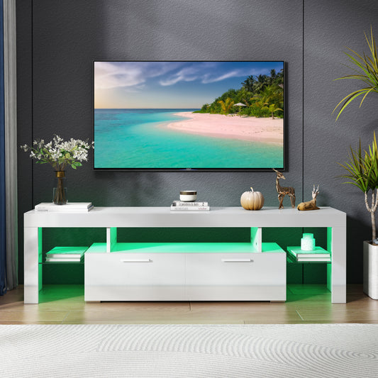 White TV Stand for 70 inch TV, Modern High Glossy Television Table Stands TV Cabinet Console Table with 16 Colors LED Lights, TV Buffet Cabinet with Storage, Living Room Entertainment Center