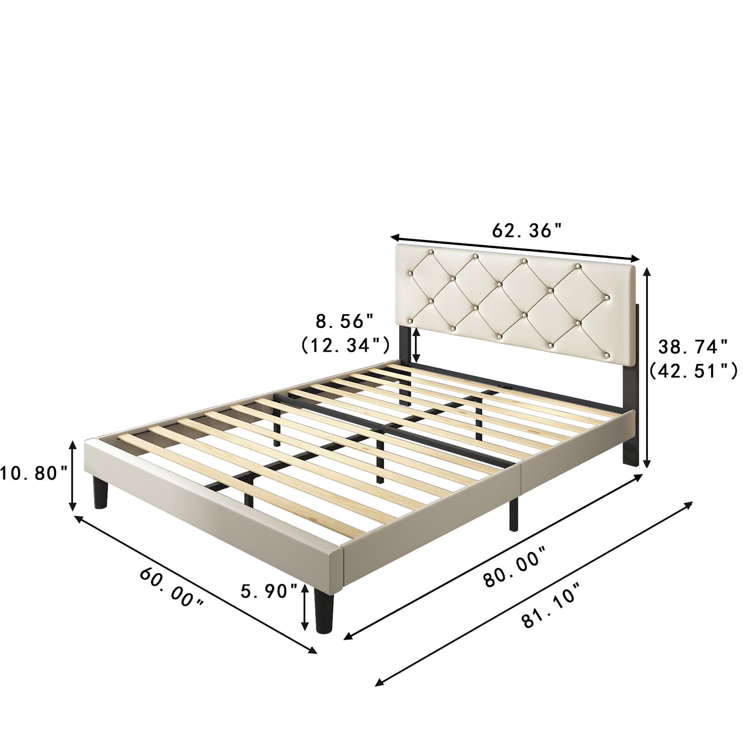 White Fabric Upholstered Platform Bed Frame Queen Size with Height Adjustable Headboard, Mattress Foundation with Strong Wooden Slat Support, No Box Spring Needed