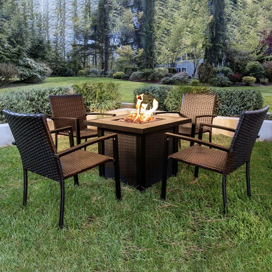 SYNGAR Patio Set 5 Pieces, Propane Fire Pit Table Outdoor with 4 PE Rattan Chairs 30-inch Square Top Fire Pit, 50,000 BTU Stainless Steel Burner, Brown, LJ240