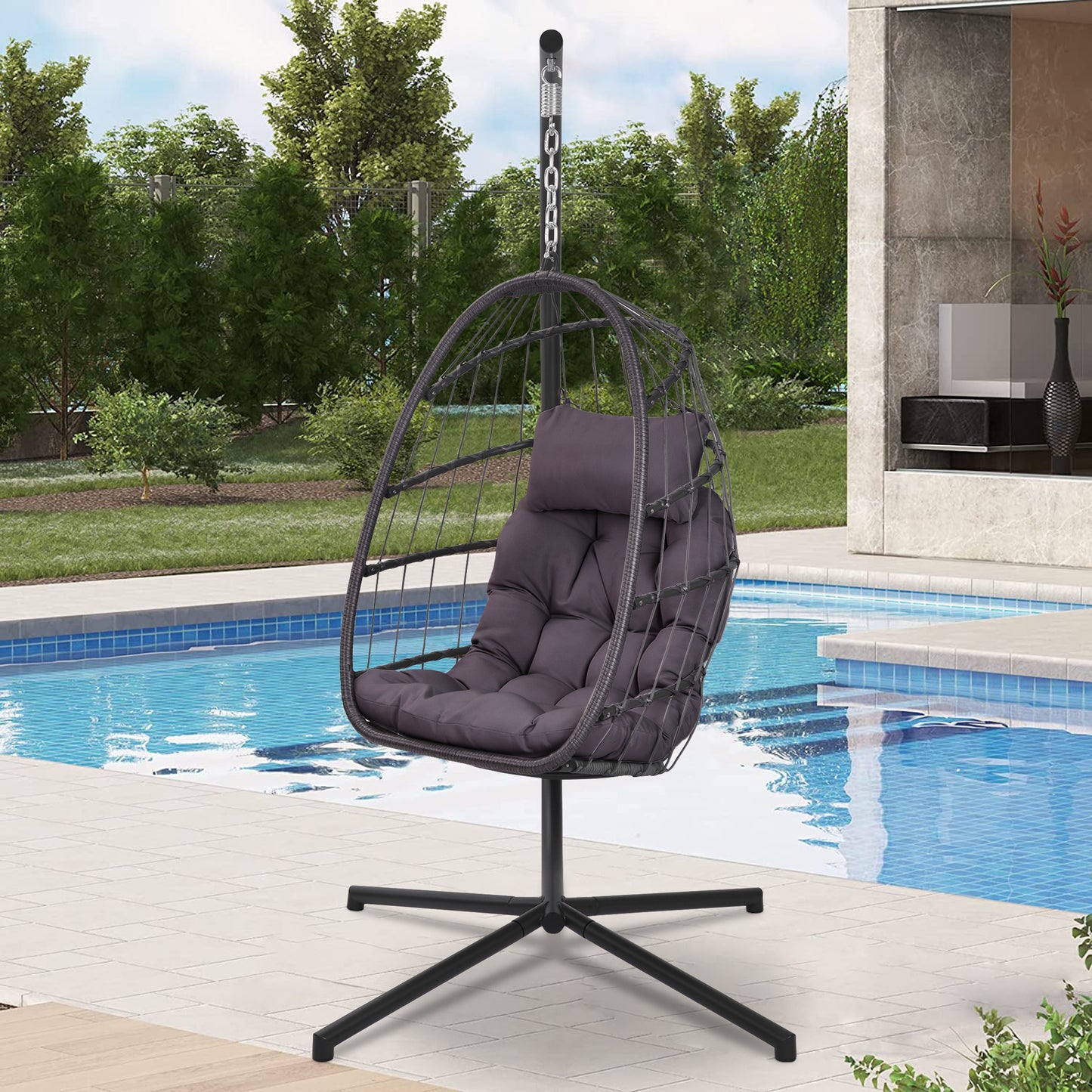 SYNGAR Hanging Egg Chair with Stand for Indoor/Outdoor, Patio Wicker Swing Chair with Seat Cushion & Pillow, Heavy Duty Hammock Basket Chair for Bedroom, Porch, Balcony, 300 lbs Capacity, Y025