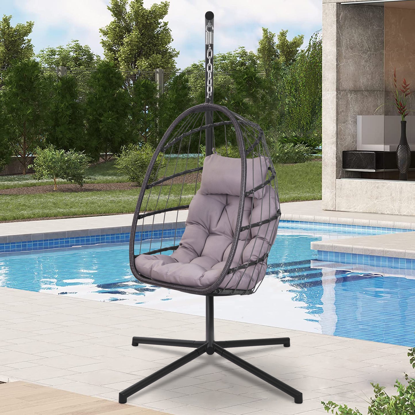 SYNGAR Hanging Egg Chair with Stand for Indoor/Outdoor, Patio Wicker Swing Chair with Seat Cushion & Pillow, Heavy Duty Hammock Basket Chair for Bedroom, Porch, Balcony, 300 lbs Capacity, Y025